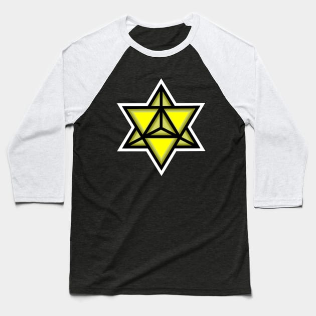 Merkaba Spiritual Symbol in Bright Yellow - Sacred Geometry - Solar Merkabah Shape - Merkaba Baseball T-Shirt by Bleeding Red Paint